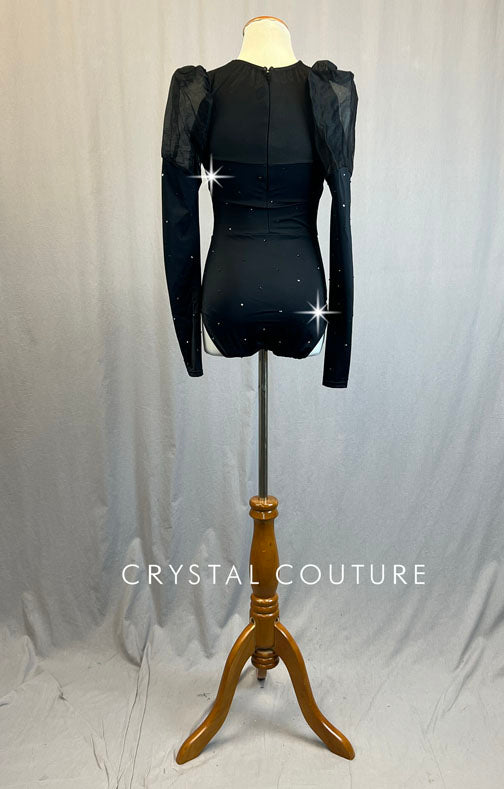 Black Long Sleeve Leotard with Tulle Puffed Shoulders - Rhinestones