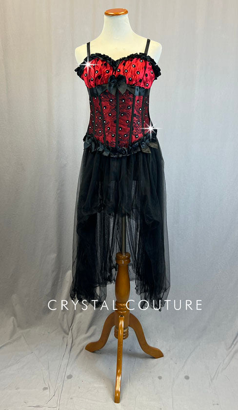 Red Polka Dot Corset with Black High Low Tulle Skirt - Rhinestones