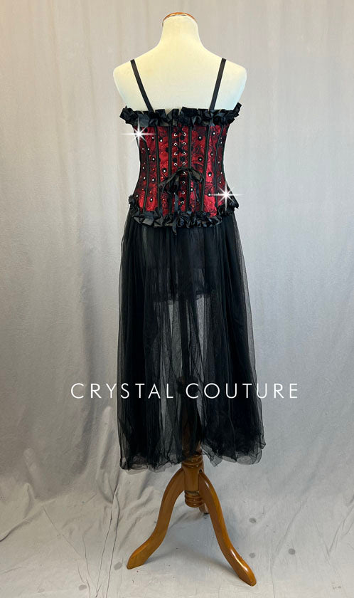 Red Polka Dot Corset with Black High Low Tulle Skirt - Rhinestones