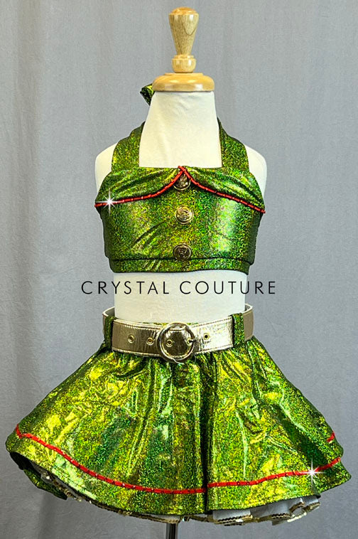 Light Olive Holographic Military Inspired Two Piece Top and Skirt - Rhinestones