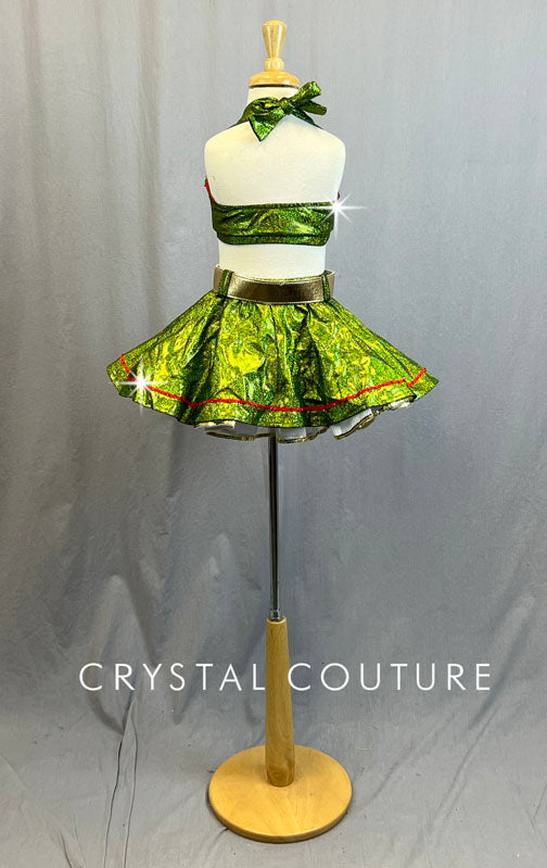 Light Olive Holographic Military Inspired Two Piece Top and Skirt - Rhinestones