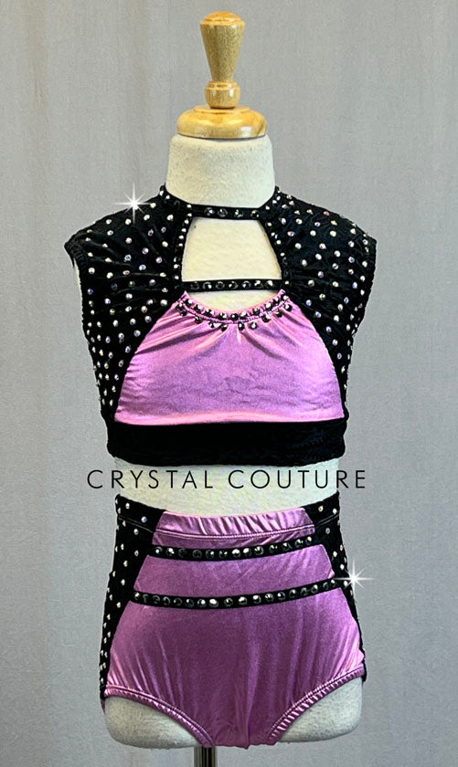 Pink and Black Color Block Two Piece Crop Top and Trunks