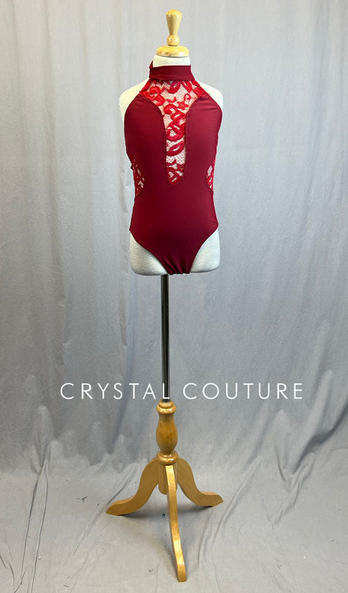Custom Dark Red Mock Neck Leotard with Lace Cutouts - Rhinestones
