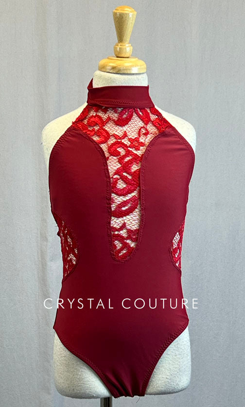 Custom Dark Red Mock Neck Leotard with Lace Cutouts - Rhinestones