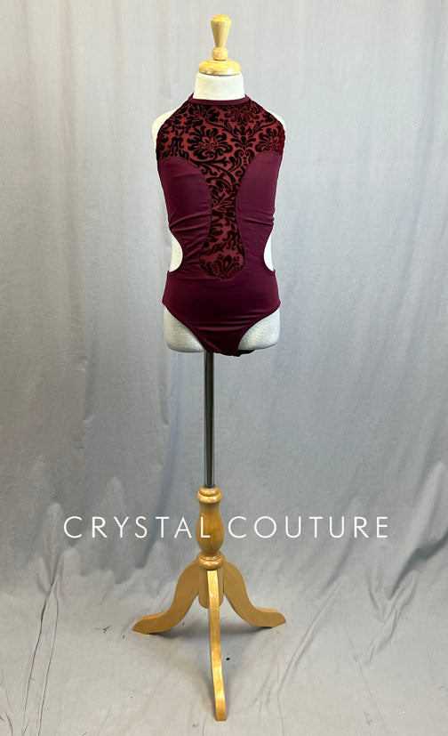 Custom Maroon Leotard with Side and Back Cutouts and Lace Center Detail