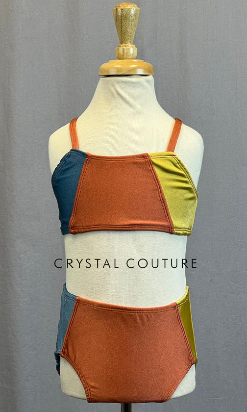 Custom Color Block Burnt Orange, Mustard and Navy Two Piece Bra Top and Trunks