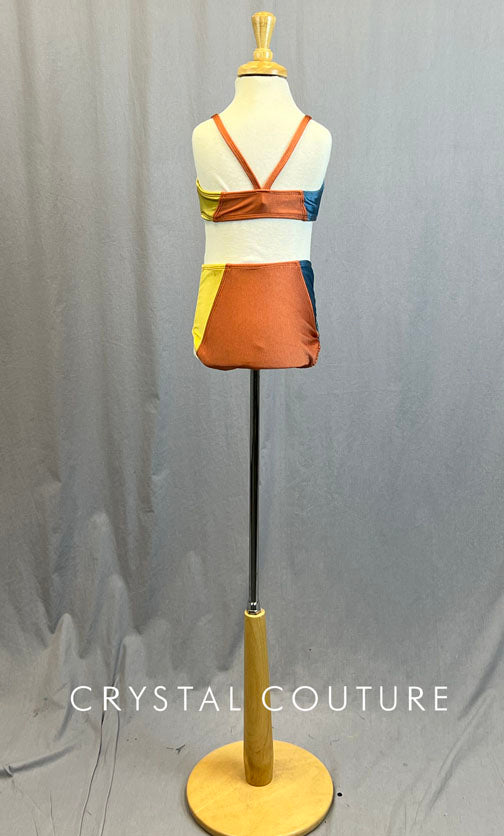 Custom Color Block Burnt Orange, Mustard and Navy Two Piece Bra Top and Trunks