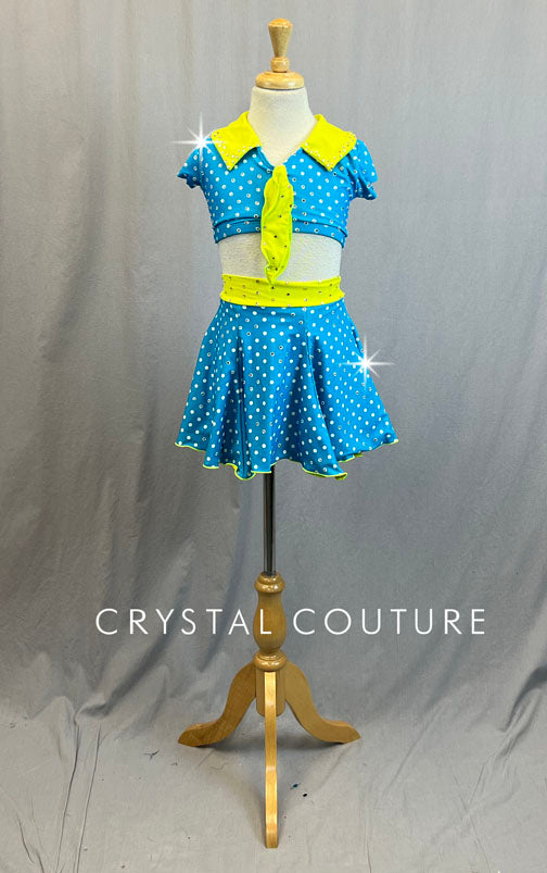 Blue and White Polka Dot Two Piece with Yellow Collar and Necktie