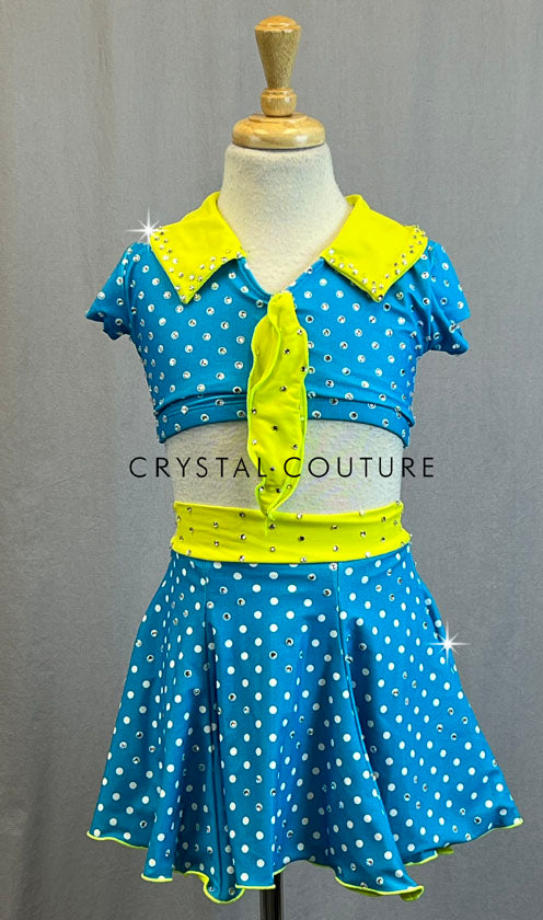 Blue and White Polka Dot Two Piece with Yellow Collar and Necktie