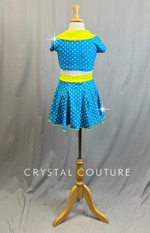 Blue and White Polka Dot Two Piece with Yellow Collar and Necktie