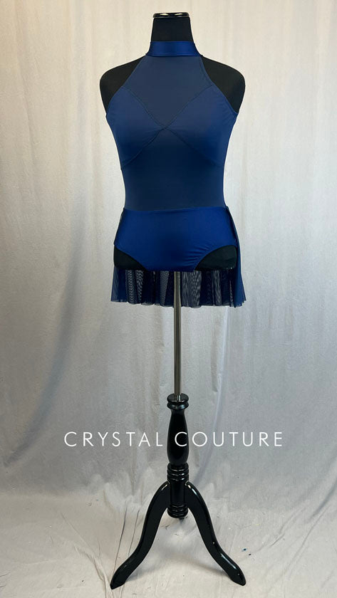 Navy Mock Neck Leotard with Mesh Inserts and Back Skirt