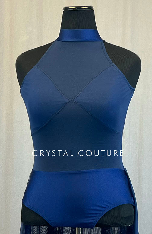 Navy Mock Neck Leotard with Mesh Inserts and Back Skirt