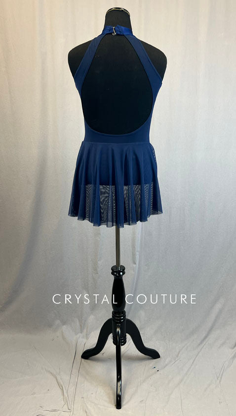 Navy Mock Neck Leotard with Mesh Inserts and Back Skirt