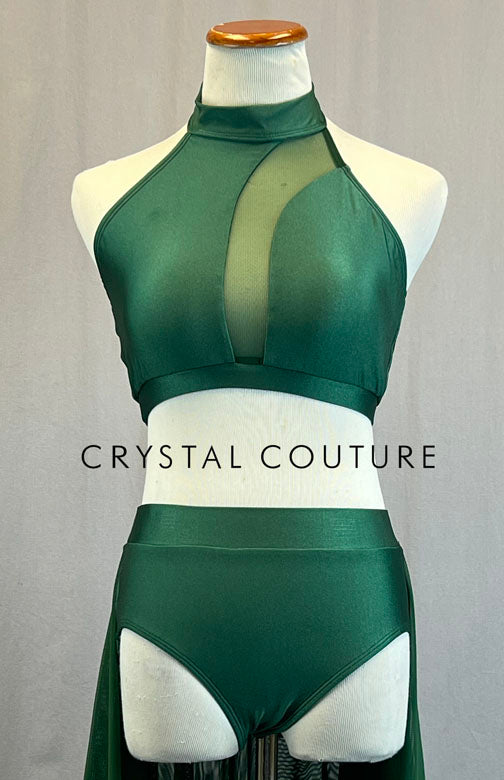 Dark Green Two Piece with Curved Mesh Insert and Back Skirt