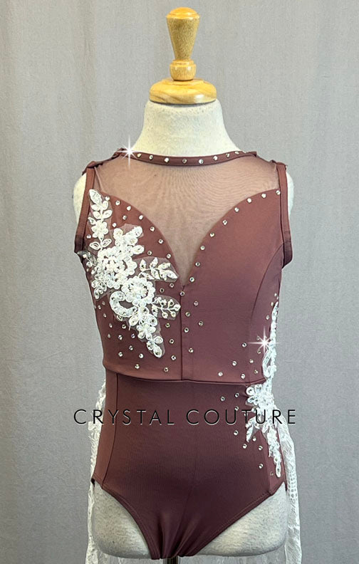 Dusty Pink Leotard White Lace Back Skirt and Appliques - Rhinestones