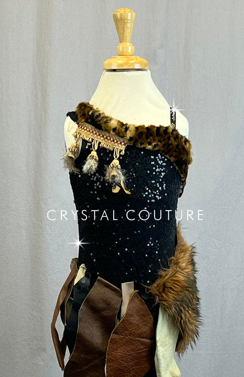 Custom Black Zsa Zsa and Brown Textured Cave Girl Inspired Leotard - Rhinestones