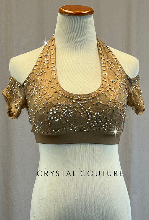Bronze Lace Top with Cold Shoulder Sleeves - Rhinestones