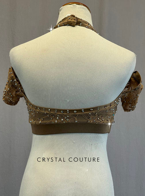 Bronze Lace Top with Cold Shoulder Sleeves - Rhinestones