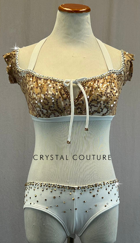 White & Nude Lace Top and Trunks - Rhinestones