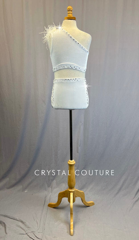 Custom White Velvet Single Shoulder Two Piece with Feathers - Rhinestones