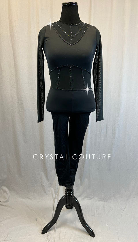 Black Cage Strap Unitard with Mesh - Rhinestones