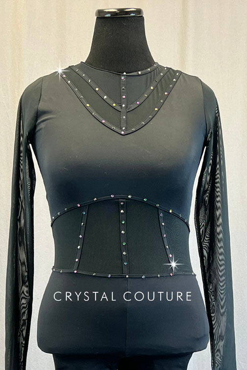 Black Cage Strap Unitard with Mesh - Rhinestones
