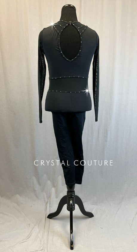 Black Cage Strap Unitard with Mesh - Rhinestones