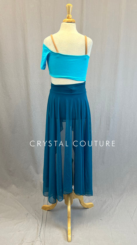 Teal and Aqua One Short Sleeve Leotard with Open Midriff and Skirt