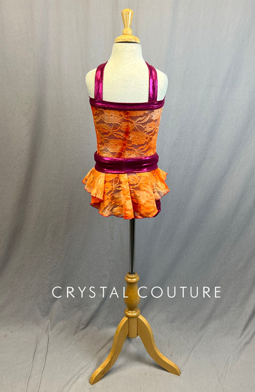 Hot Pink Shiny Lycra and Orange Lace One Piece Unitard