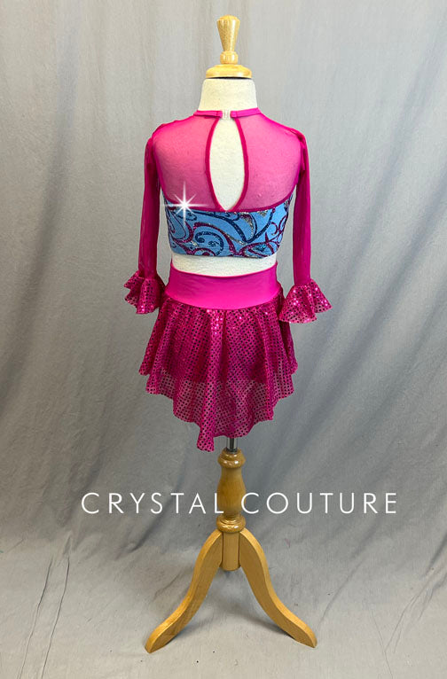 Hot Pink Two Piece With Navy and Pink Glitter Swirl Velvet top and High Waisted Pink Trunks.