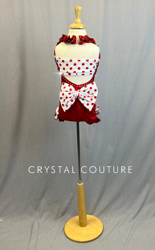 Red Shiny Lycra Leotard with Red and White Polka Dot Lycra Top and Waistband
