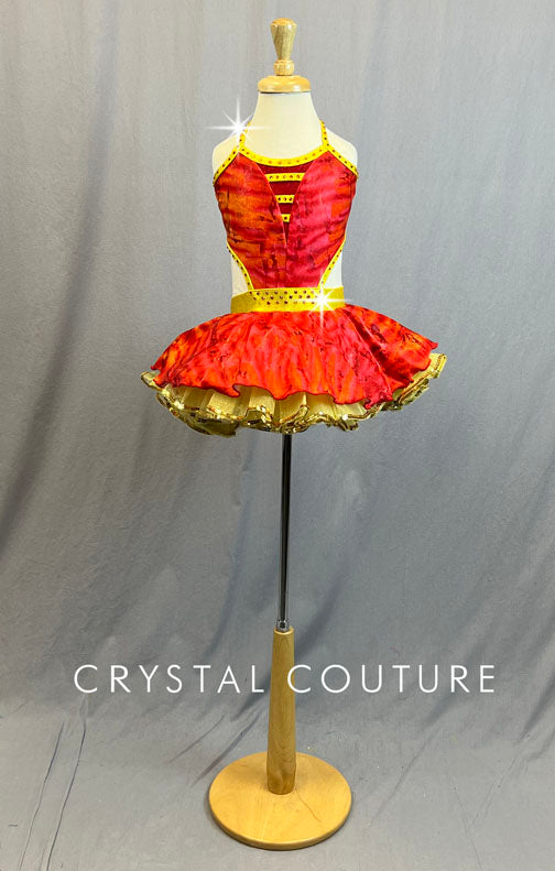 Red and Orange Halter Dress with Yellow Trim and Crinoline