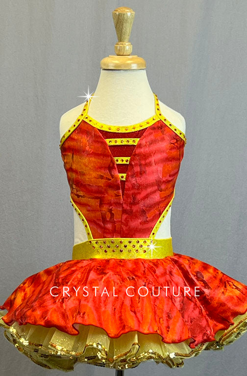 Red and Orange Halter Dress with Yellow Trim and Crinoline