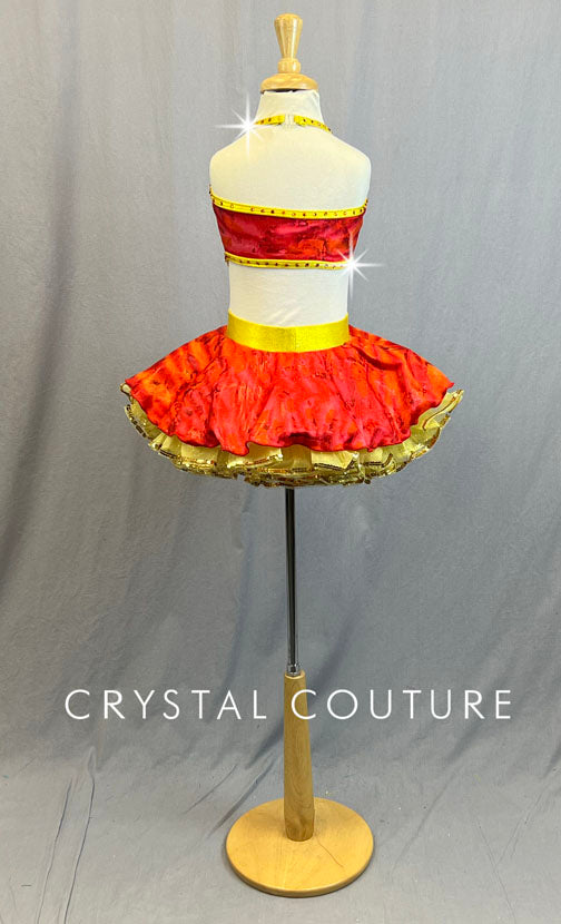 Red and Orange Halter Dress with Yellow Trim and Crinoline