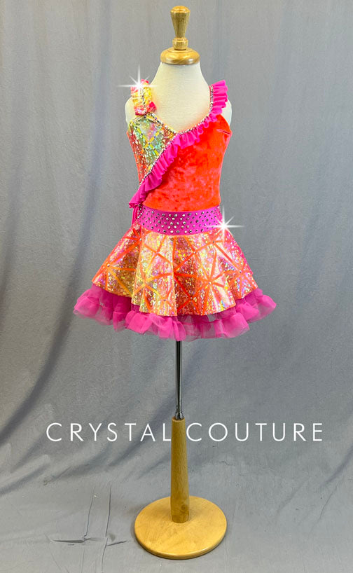 Hot Orange and Pink Holographic Geometric Dress with Ruffles- Rhinesto Crystal Couture Hot Orange and Pink Holographic Geometric Dress with Ruffles- Rhinesto Crystal Couture