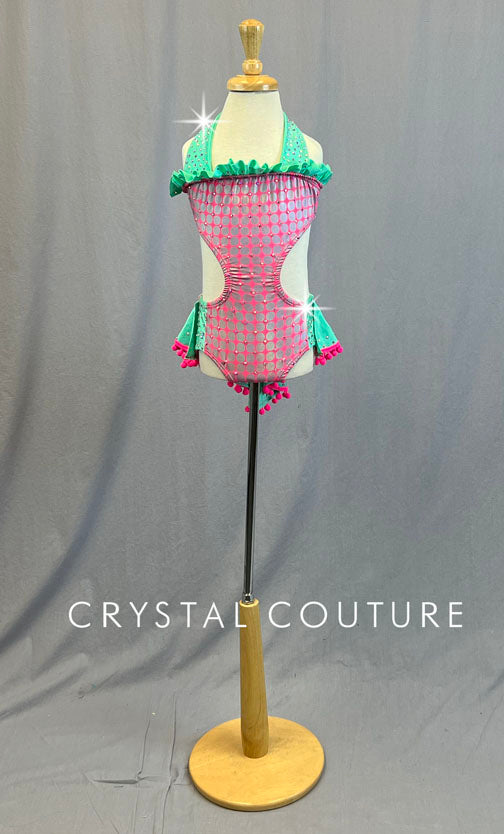 Mint Lycra and Hot Pink and Silver Polka Dot Halter Leotard with Ruffles- Rhinestones