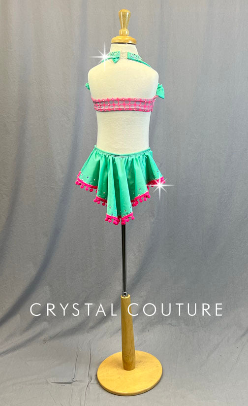 Mint Lycra and Hot Pink and Silver Polka Dot Halter Leotard with Ruffles- Rhinestones