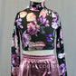 Baby Pink Metallic Boxing Shorts with Metallic Pink floral and Black Long Sleeve Crop Top