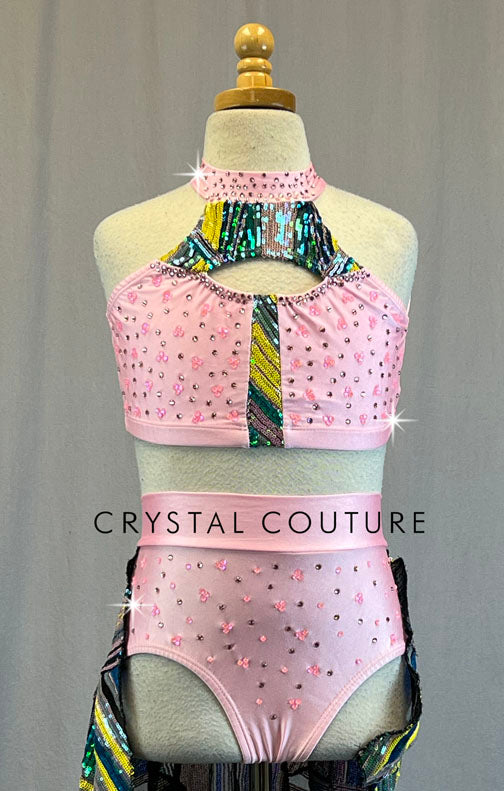 Baby Pink Two Piece With Multi-Color Sequin Trim and Attached Skirt