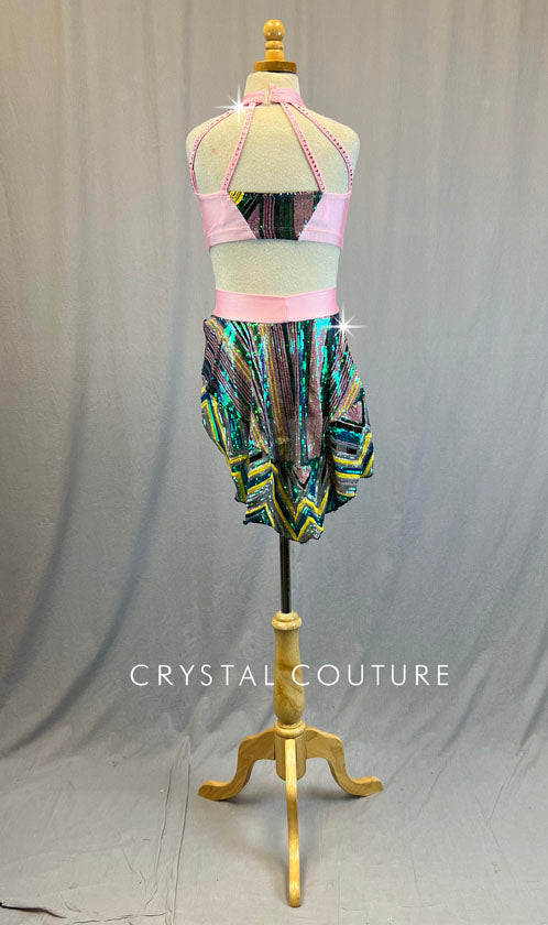 Baby Pink Two Piece With Multi-Color Sequin Trim and Attached Skirt