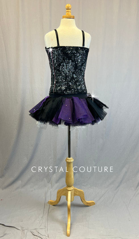 Custom Black and Silver Floral Print Lace Bustier with Rhinestone Piping and Black Purple and Silver Tulle Skirt with Built In Booty Shorts.