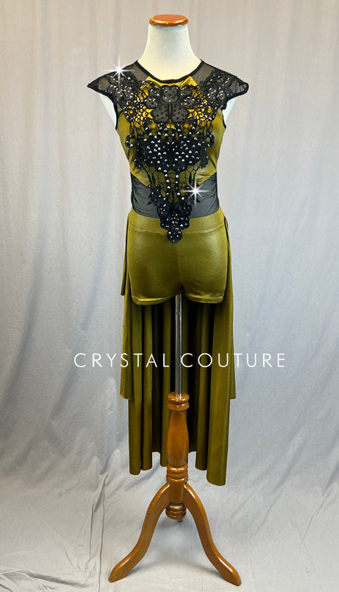 Army Green Biketard with Long Skirt and Black Lace Bodice- Rhinestones