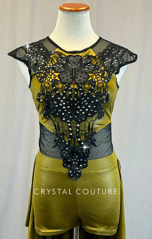 Army Green Biketard with Long Skirt and Black Lace Bodice- Rhinestones