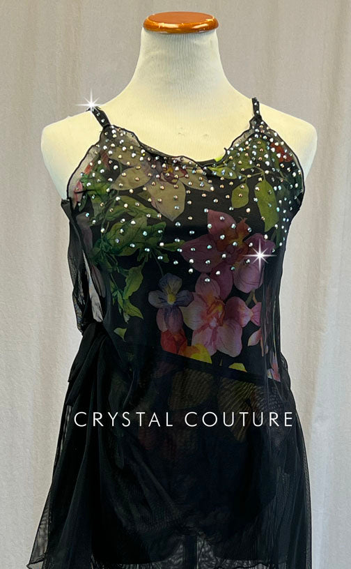 Multicolor Floral Leotard with Black Wrap Dress - Rhinestones