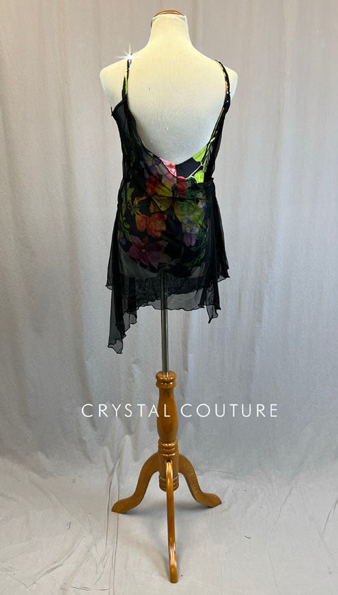Multicolor Floral Leotard with Black Wrap Dress - Rhinestones