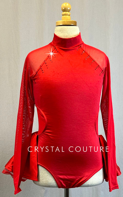 Red Lycra and Mesh Cutout Leotard with Tulle and Lycra Bustle