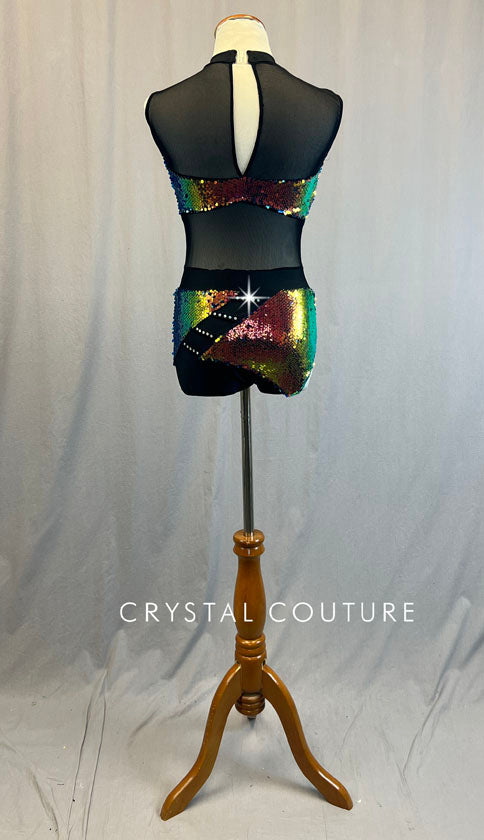 Multi Color Iridescent Sequin, Black Lycra and Black Mesh Color Block Effect Leotard