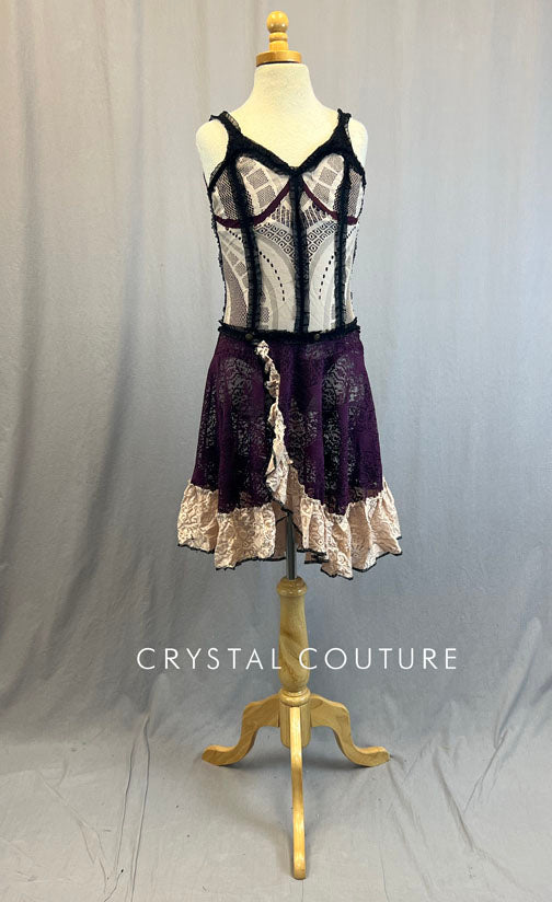 Custom Plum Leotard with Attached Peach Lace and Black Ruffle Ribbon with Plum and Peach Lace Skirt