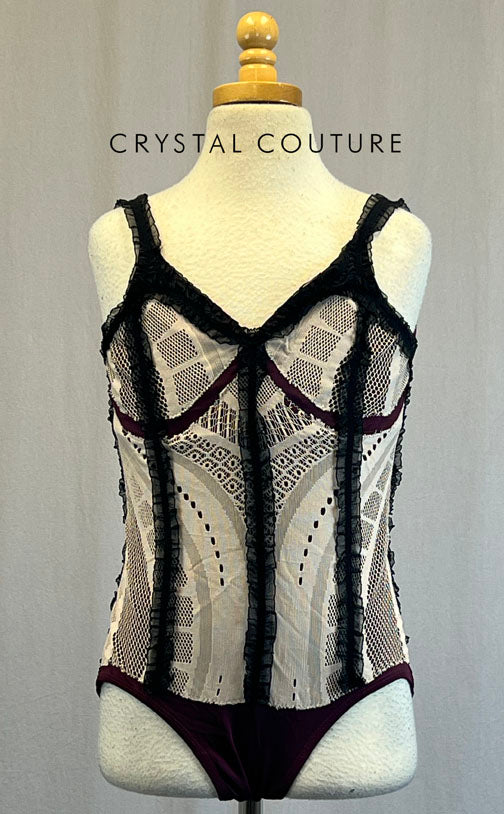 Custom Plum Leotard with Attached Peach Lace and Black Ruffle Ribbon with Plum and Peach Lace Skirt