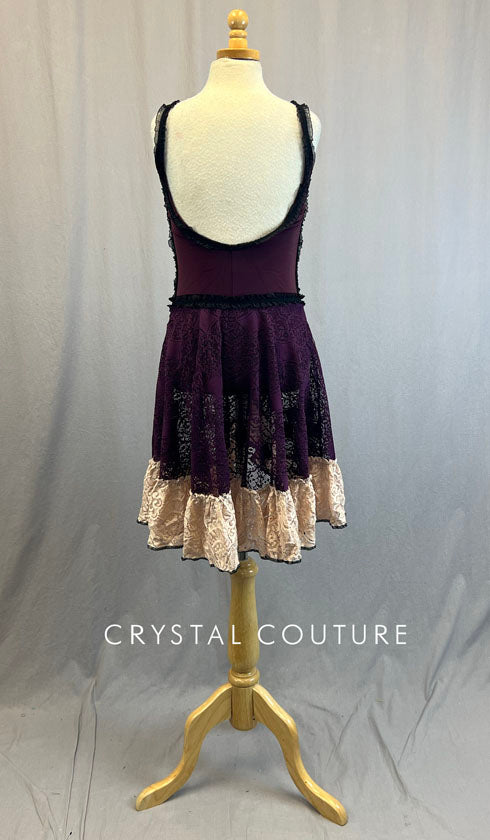 Custom Plum Leotard with Attached Peach Lace and Black Ruffle Ribbon with Plum and Peach Lace Skirt